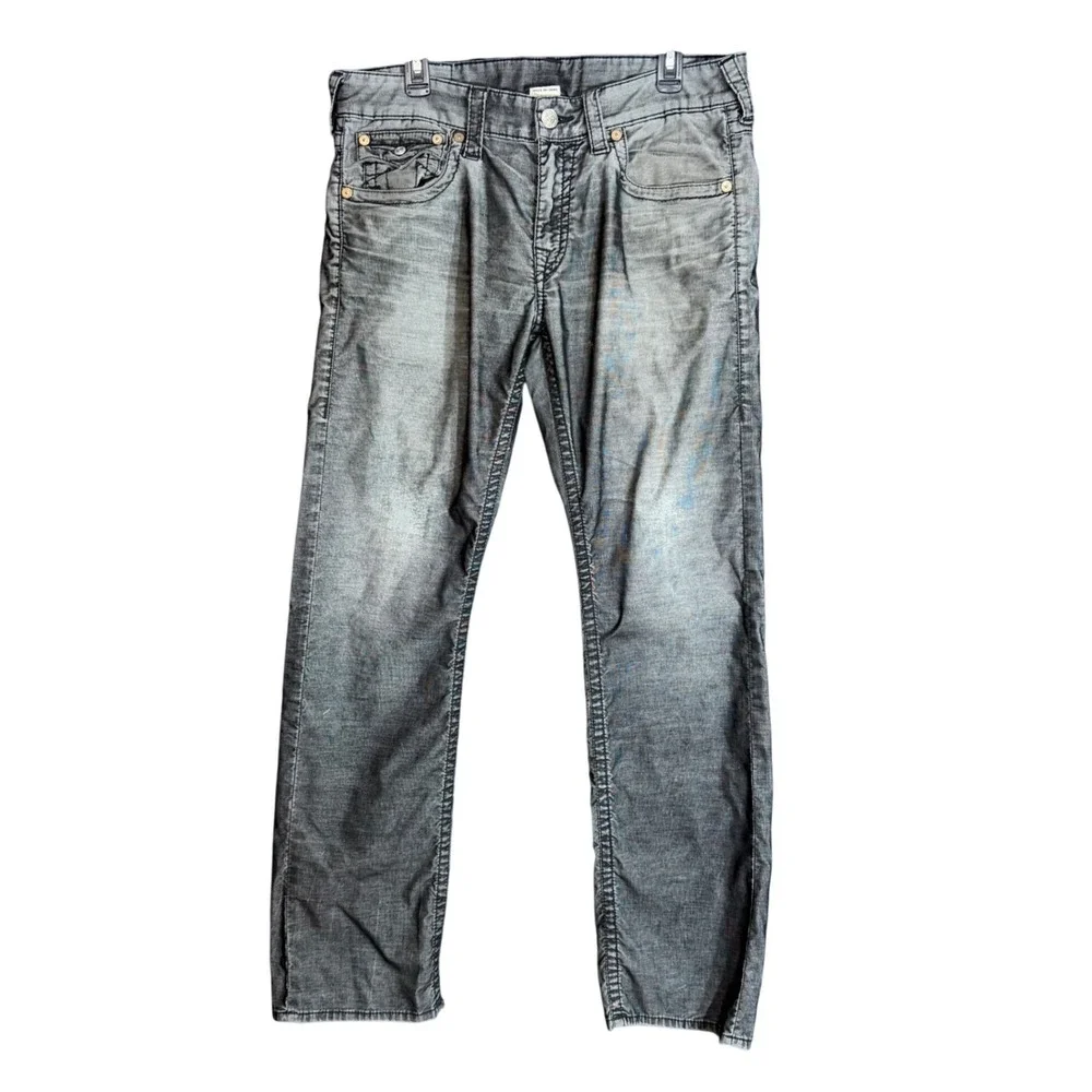 True Religion Mens Size 34 Ricky Jeans Gray Black Denim Distressed Straight Leg